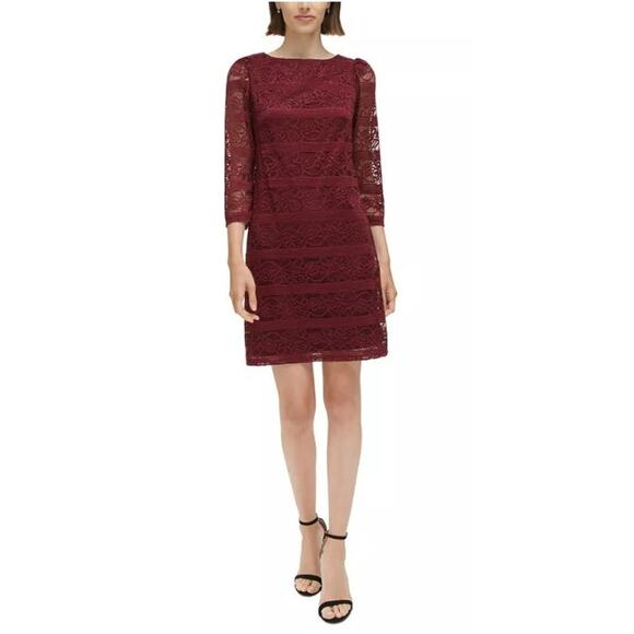 JESSICA HOWARD $149 Burgundy Lace Boat Neck 3/4 Sleeve Sheath Dress Size 6 - Picture 1 of 4